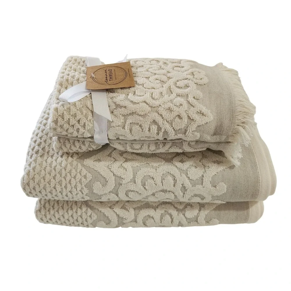 Common Thread 4pc Plush Damask Cotton Towel Set Beige And Tan 2 Bath And 2 Hand